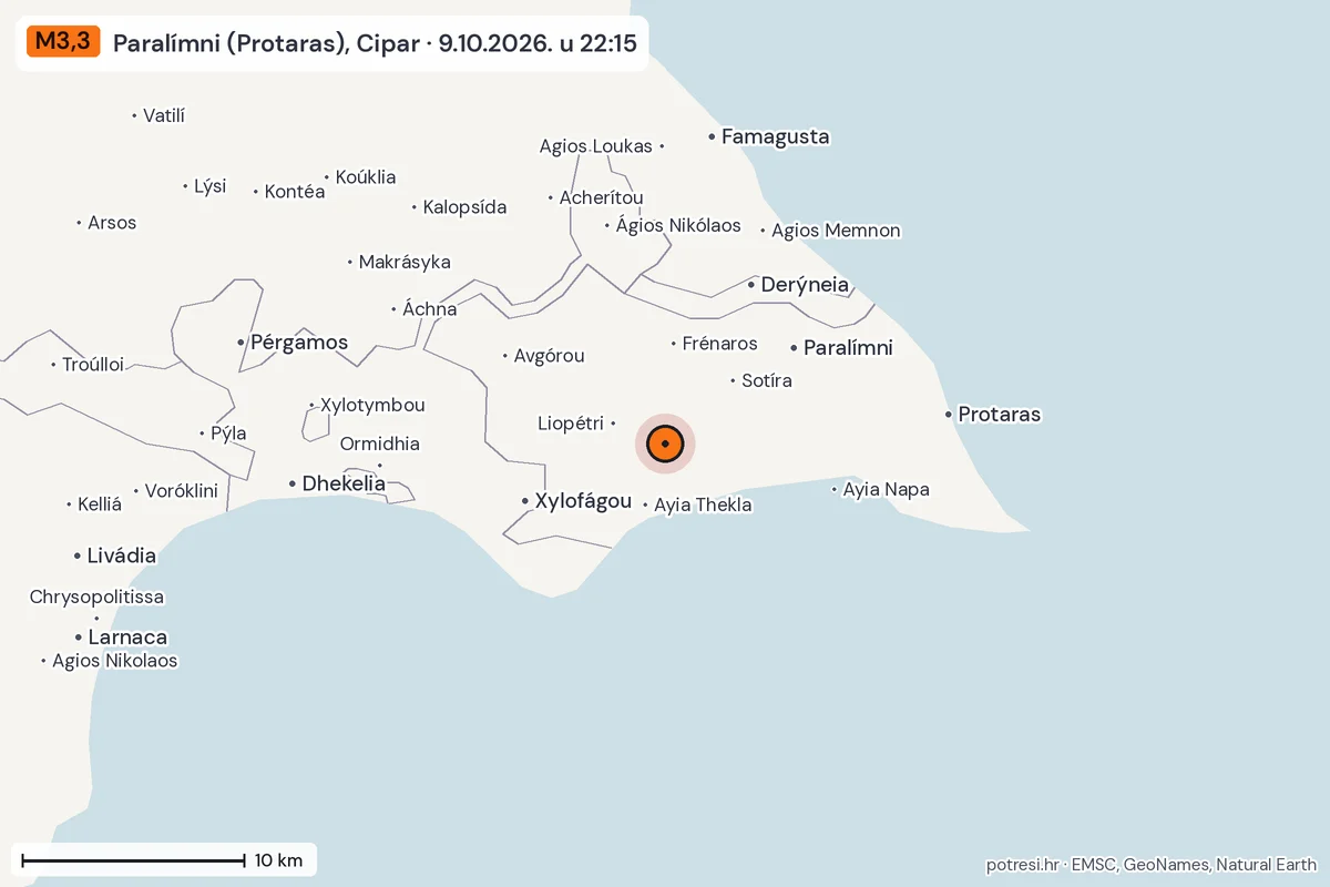 Karta: okolica epicentra, 60 km, potres M3,3, Paralímni (Protaras), Cipar, 9.10.2026.