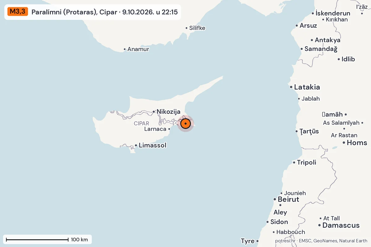 Karta: šire područje, 600 km, potres M3,3, Paralímni (Protaras), Cipar, 9.10.2026.