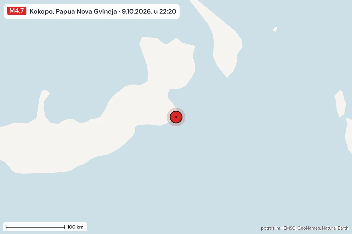 Karta: šire područje, 600 km, potres M4,7, Kokopo, Papua Nova Gvineja, 9.10.2026.