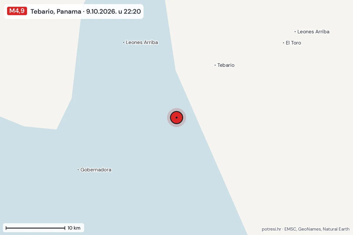 Karta: okolica epicentra, 60 km, potres M4,9, Tebario, Panama, 9.10.2026.