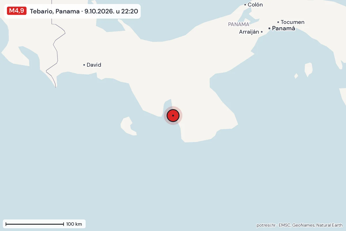 Karta: šire područje, 600 km, potres M4,9, Tebario, Panama, 9.10.2026.