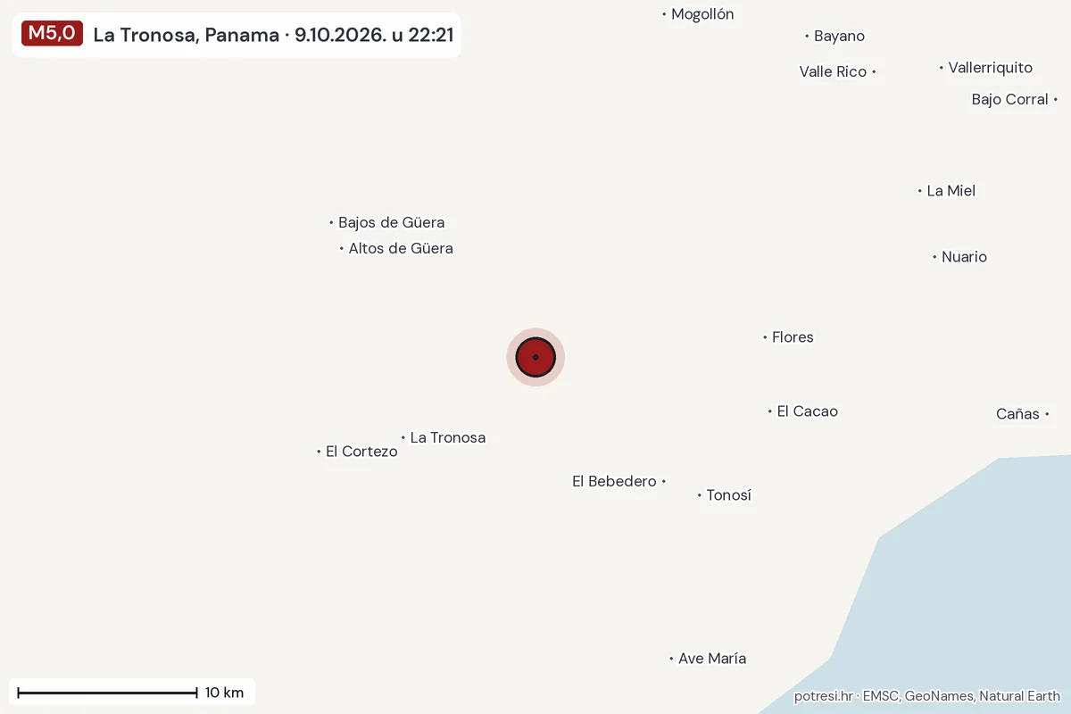 Karta: okolica epicentra, 60 km, potres M5,0, La Tronosa, Panama, 9.10.2026.