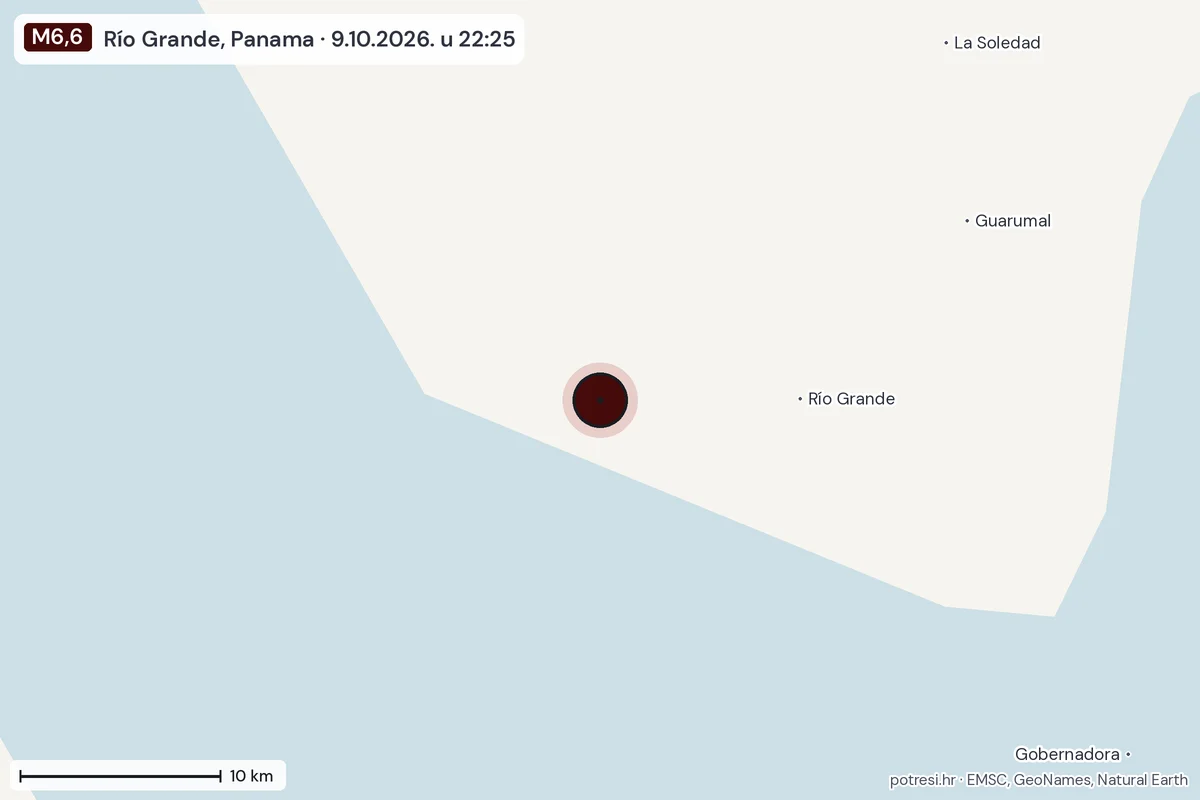 Karta: okolica epicentra, 60 km, potres M6,6, Río Grande, Panama, 9.10.2026.