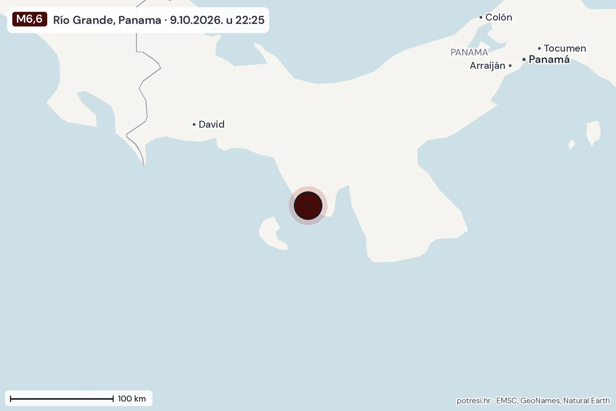 Karta: šire područje, 600 km, potres M6,6, Río Grande, Panama, 9.10.2026.