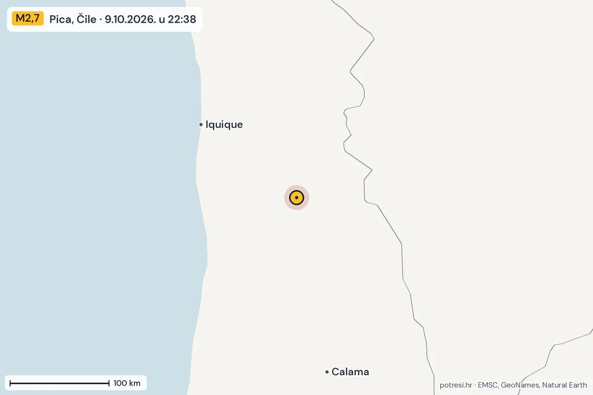 Karta: šire područje, 600 km, potres M2,7, Pica, Čile, 9.10.2026.