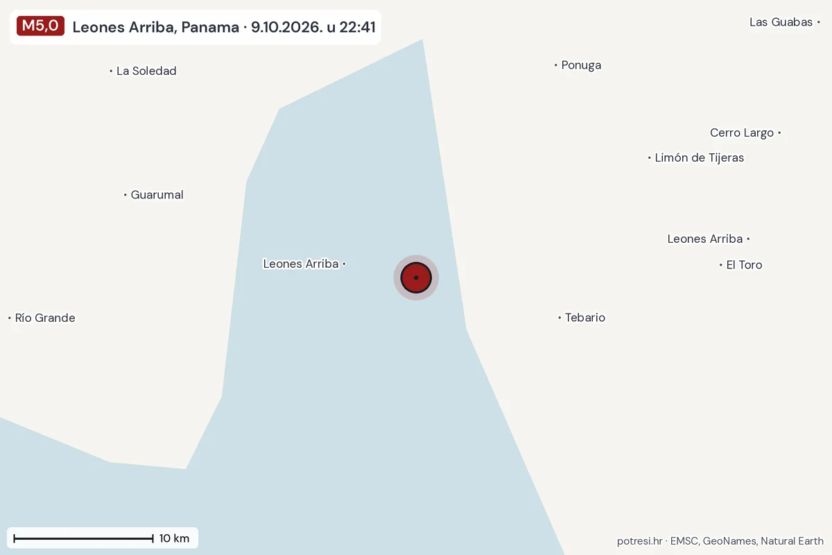 Karta: okolica epicentra, 60 km, potres M5,0, Leones Arriba, Panama, 9.10.2026.