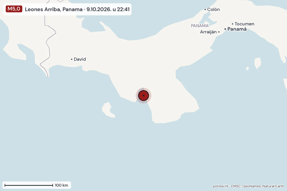 Karta: šire područje, 600 km, potres M5,0, Leones Arriba, Panama, 9.10.2026.