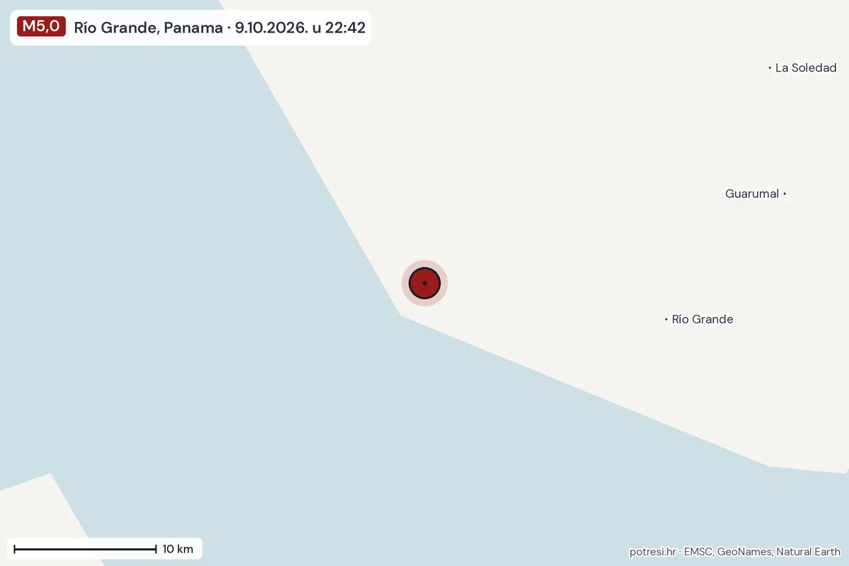 Karta: okolica epicentra, 60 km, potres M5,0, Río Grande, Panama, 9.10.2026.