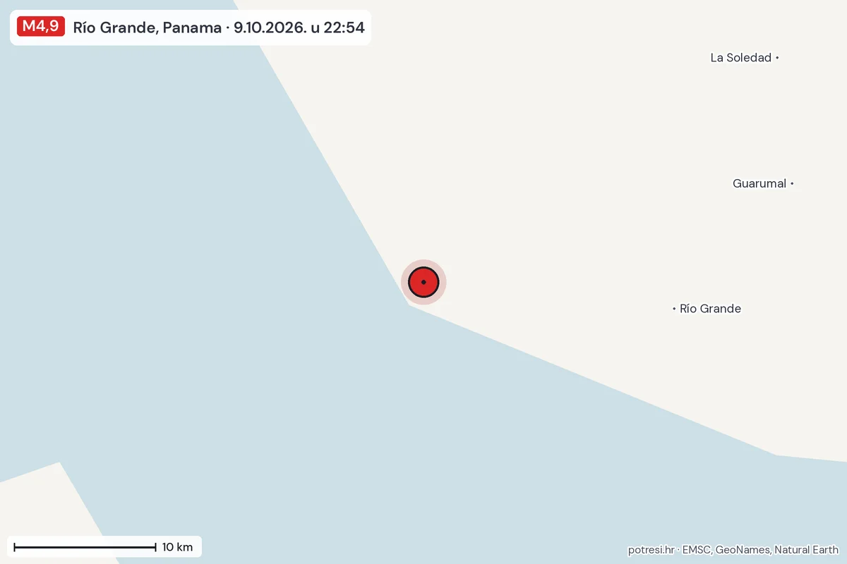 Karta: okolica epicentra, 60 km, potres M4,9, Río Grande, Panama, 9.10.2026.