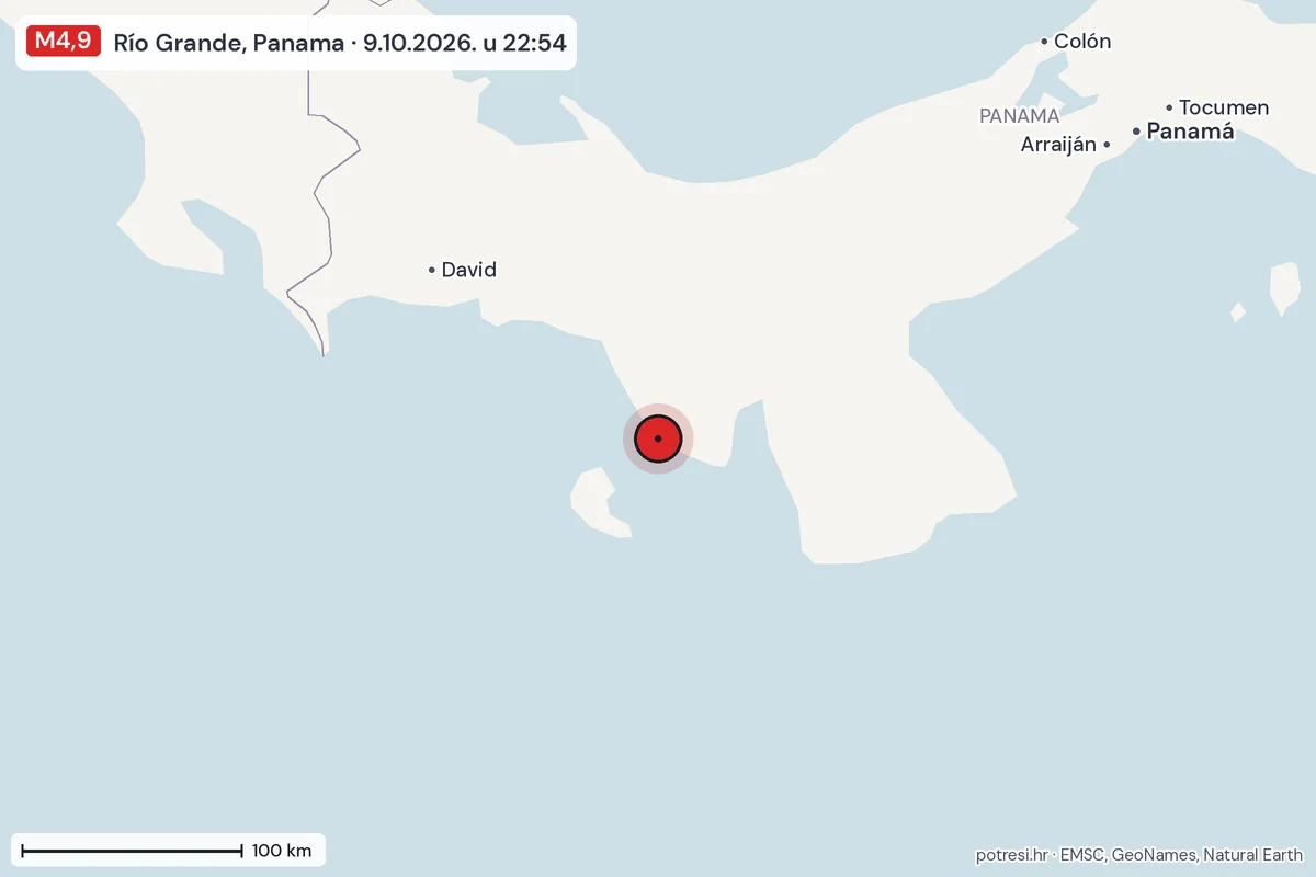 Karta: šire područje, 600 km, potres M4,9, Río Grande, Panama, 9.10.2026.