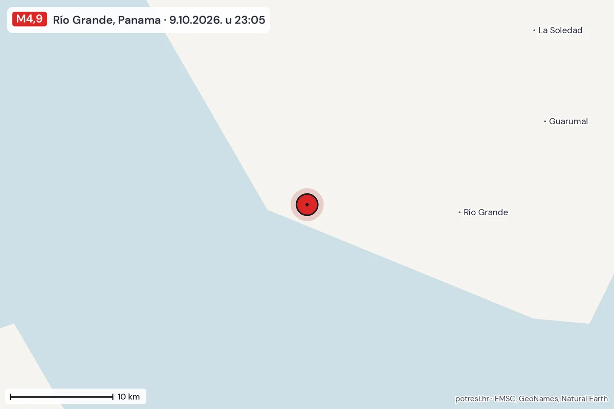 Karta: okolica epicentra, 60 km, potres M4,9, Río Grande, Panama, 9.10.2026.