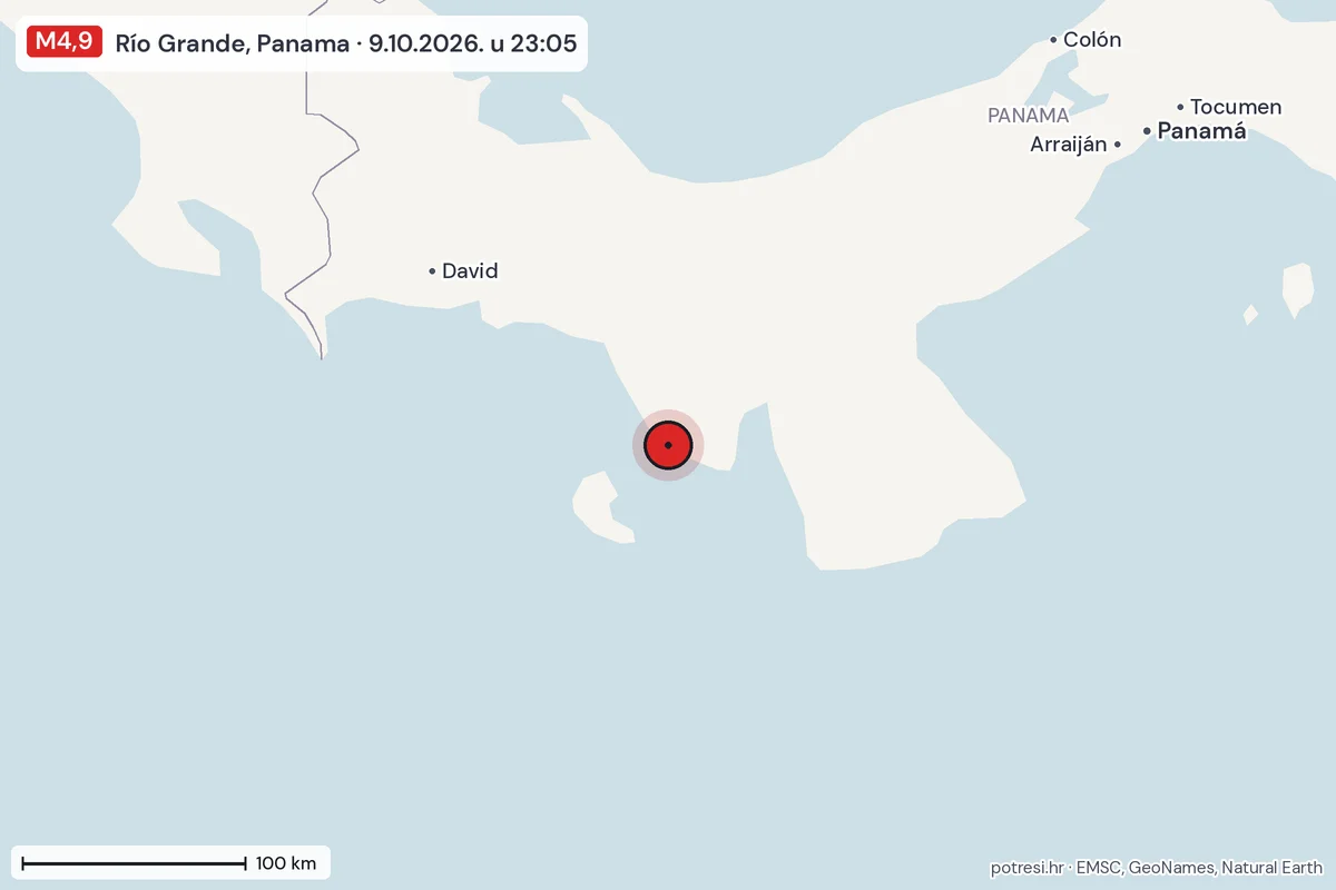 Karta: šire područje, 600 km, potres M4,9, Río Grande, Panama, 9.10.2026.
