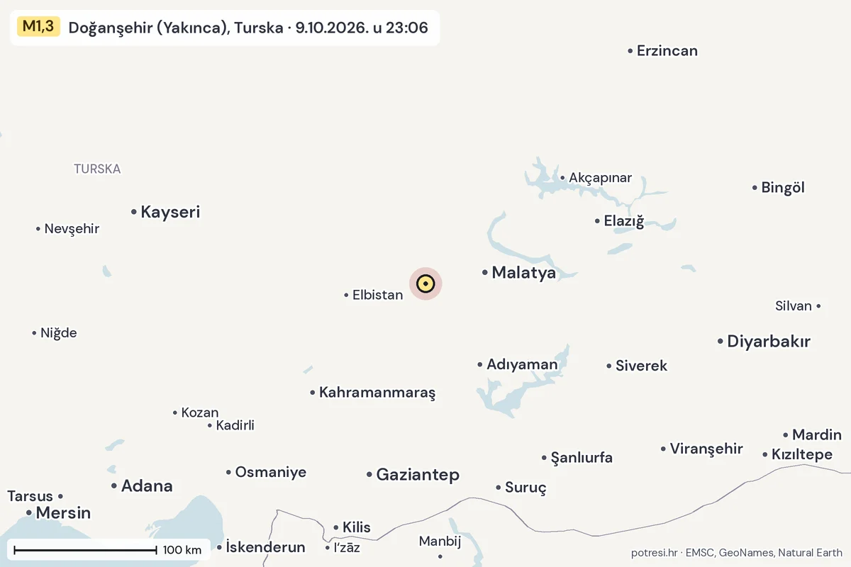 Karta: šire područje, 600 km, potres M1,3, Doğanşehir (Yakınca), Turska, 9.10.2026.