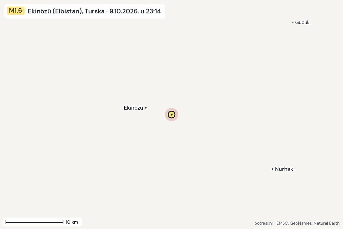 Karta: okolica epicentra, 60 km, potres M1,6, Ekinözü (Elbistan), Turska, 9.10.2026.