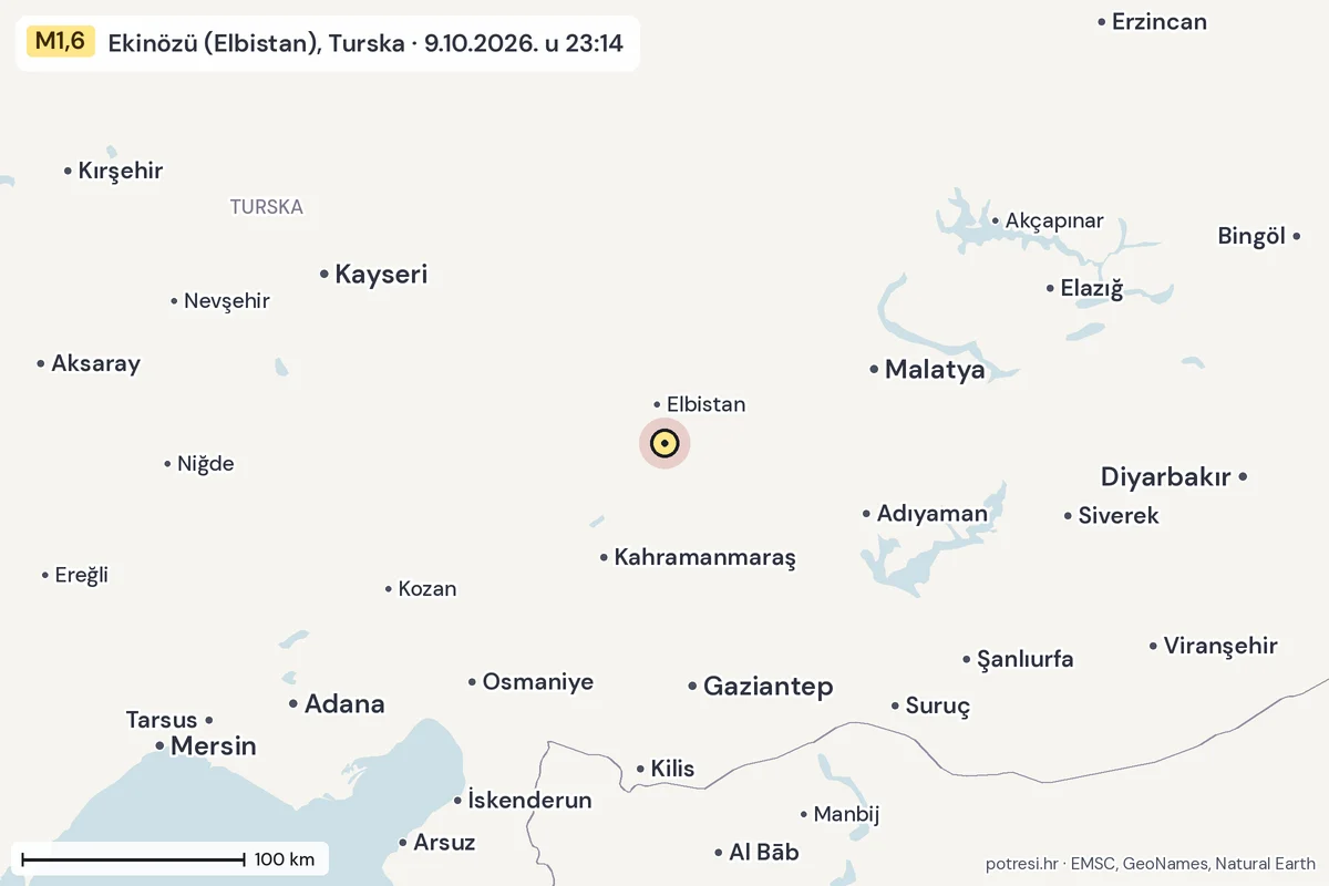 Karta: šire područje, 600 km, potres M1,6, Ekinözü (Elbistan), Turska, 9.10.2026.