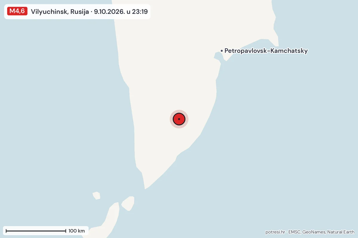 Karta: šire područje, 600 km, potres M4,6, Vilyuchinsk, Rusija, 9.10.2026.