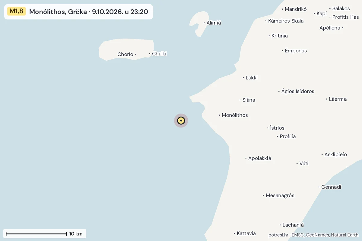 Karta: okolica epicentra, 60 km, potres M1,8, Monólithos, Grčka, 9.10.2026.