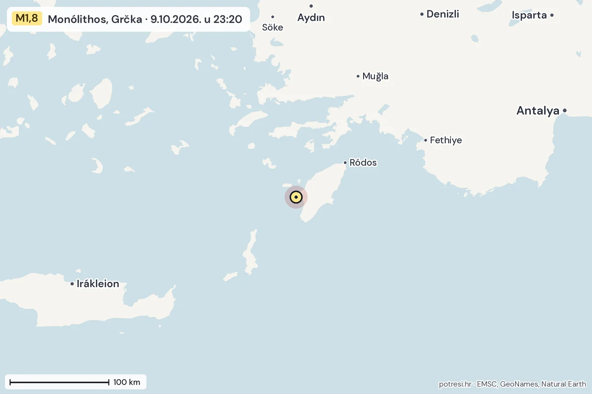 Karta: šire područje, 600 km, potres M1,8, Monólithos, Grčka, 9.10.2026.