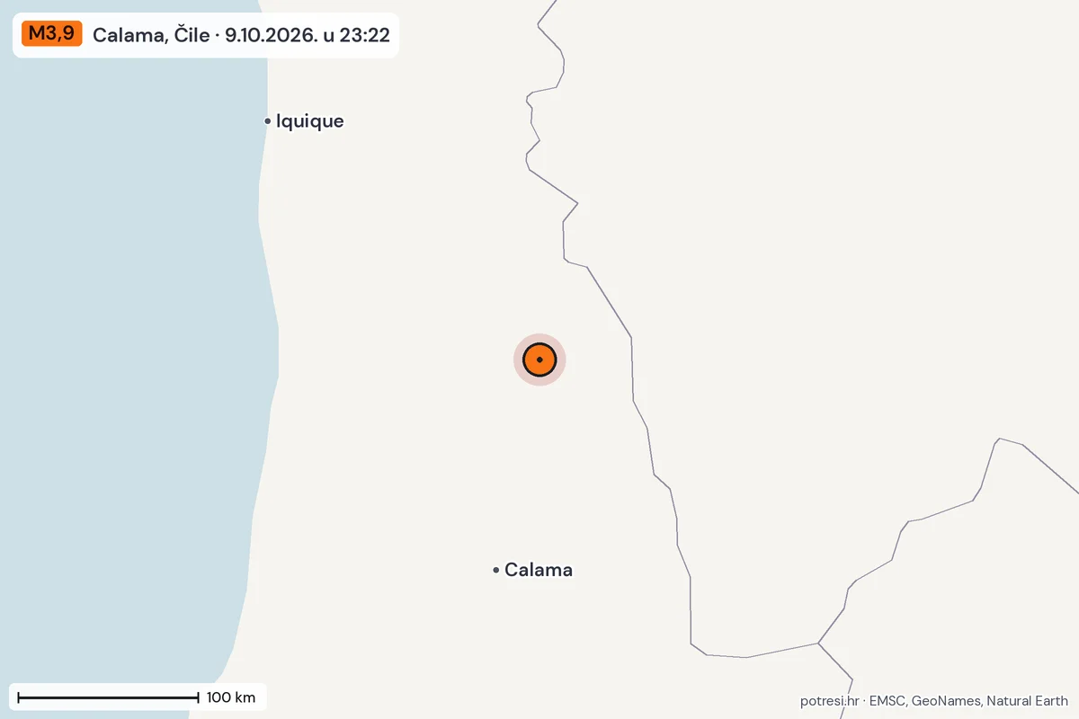 Karta: šire područje, 600 km, potres M3,9, Calama, Čile, 9.10.2026.
