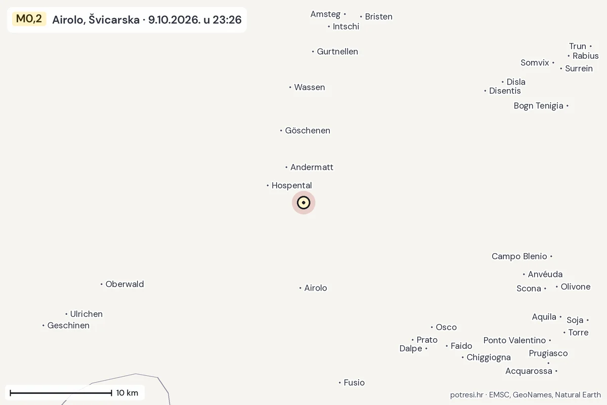Karta: okolica epicentra, 60 km, potres M0,2, Airolo, Švicarska, 9.10.2026.