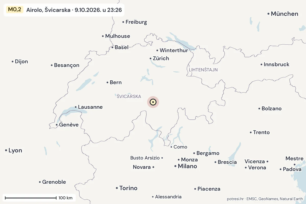 Karta: šire područje, 600 km, potres M0,2, Airolo, Švicarska, 9.10.2026.
