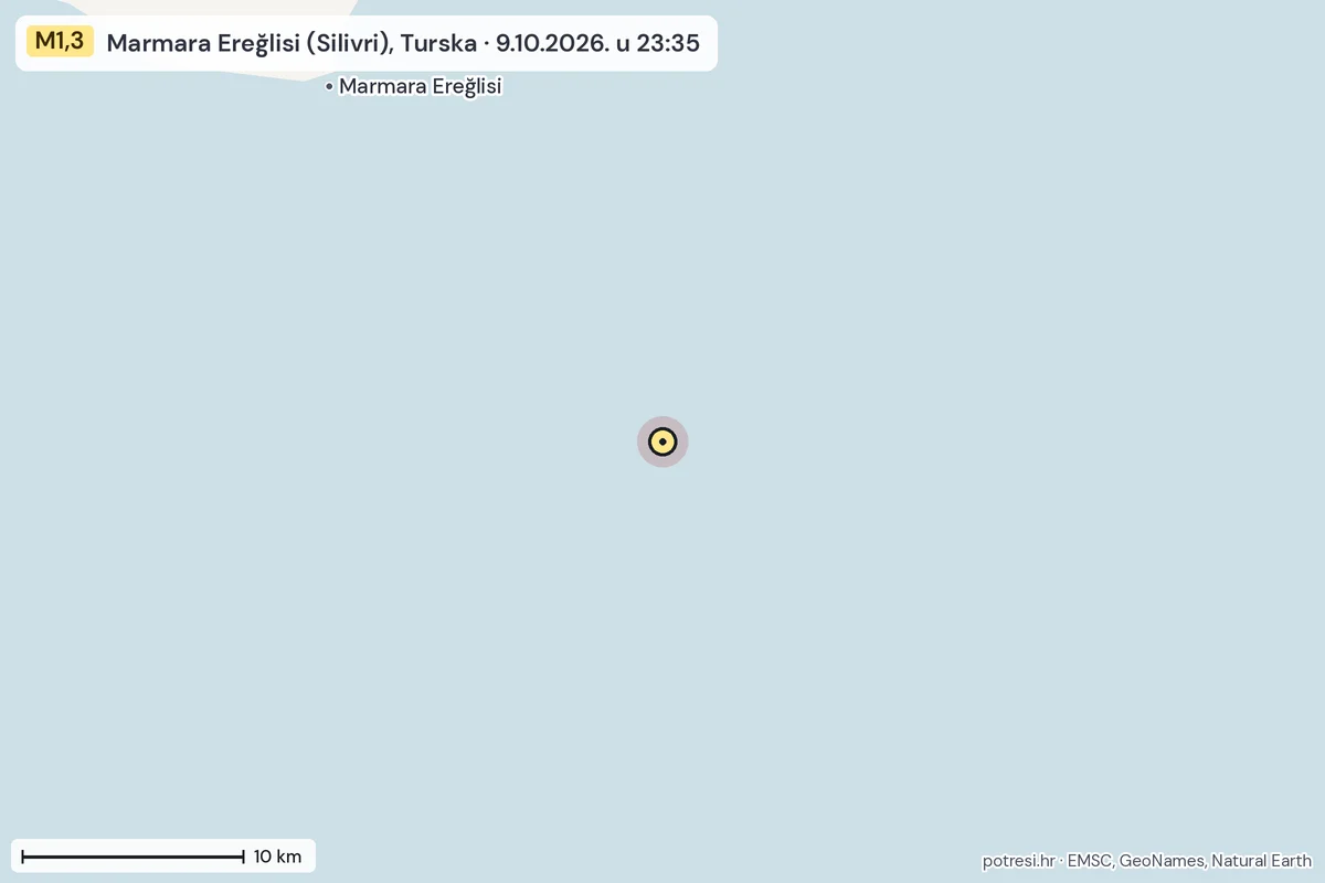 Karta: okolica epicentra, 60 km, potres M1,3, Marmara Ereğlisi (Silivri), Turska, 9.10.2026.