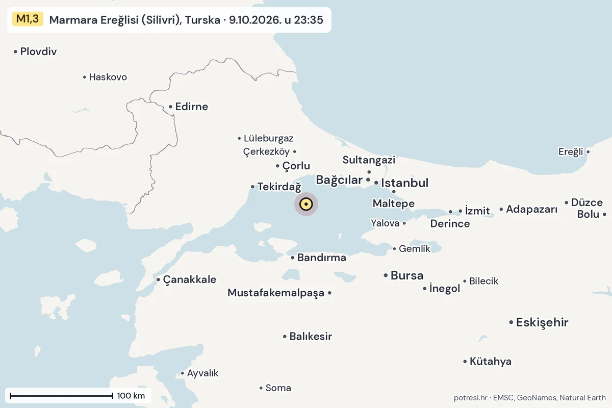 Karta: šire područje, 600 km, potres M1,3, Marmara Ereğlisi (Silivri), Turska, 9.10.2026.