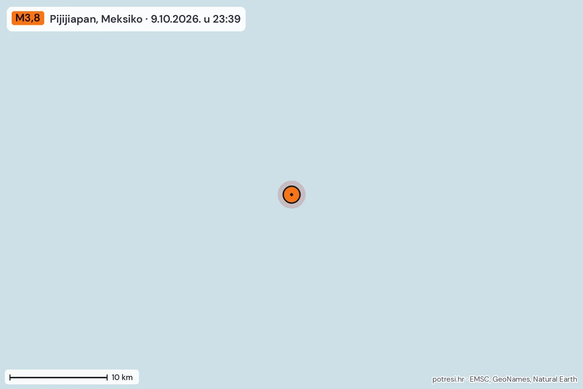 Karta: okolica epicentra, 60 km, potres M3,8, Pijijiapan, Meksiko, 9.10.2026.
