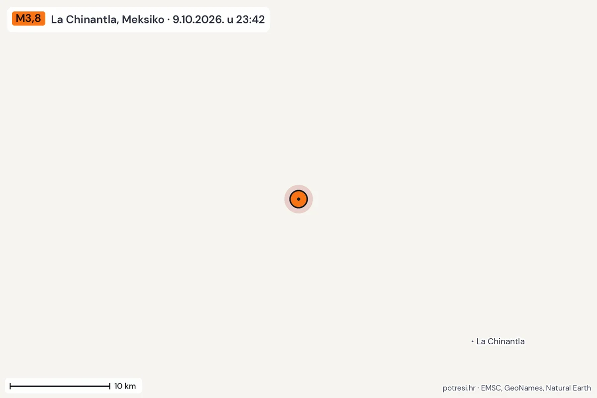 Karta: okolica epicentra, 60 km, potres M3,8, La Chinantla, Meksiko, 9.10.2026.