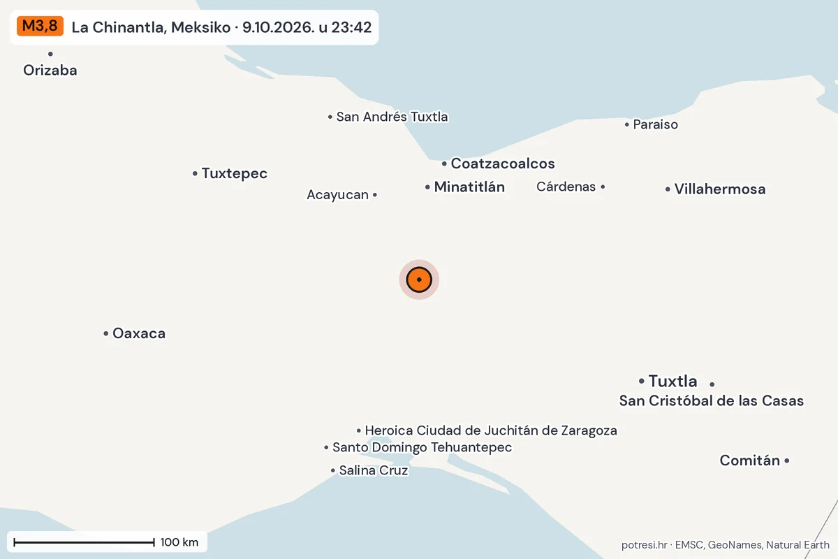 Karta: šire područje, 600 km, potres M3,8, La Chinantla, Meksiko, 9.10.2026.