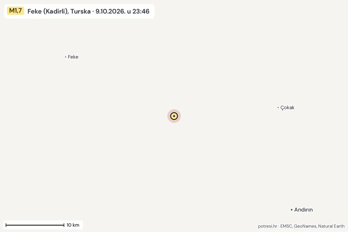 Karta: okolica epicentra, 60 km, potres M1,7, Feke (Kadirli), Turska, 9.10.2026.