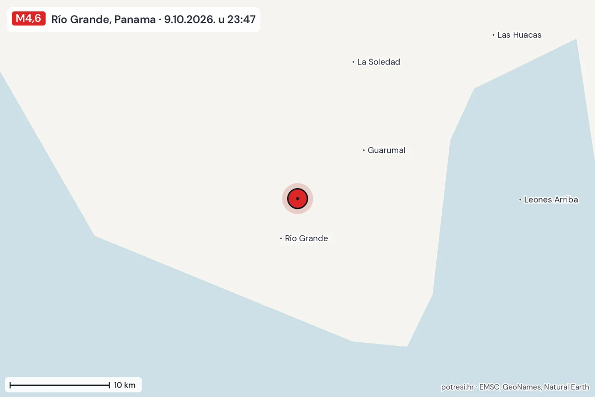 Karta: okolica epicentra, 60 km, potres M4,6, Río Grande, Panama, 9.10.2026.
