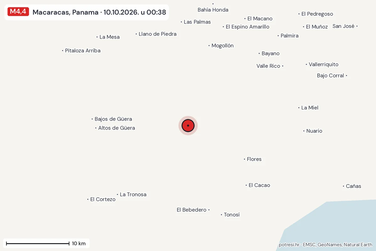 Karta: okolica epicentra, 60 km, potres M4,4, Macaracas, Panama, 10.10.2026.