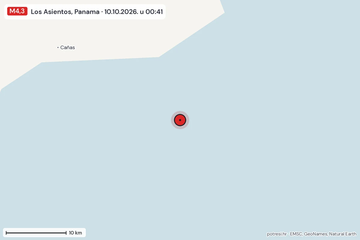Karta: okolica epicentra, 60 km, potres M4,3, Los Asientos, Panama, 10.10.2026.