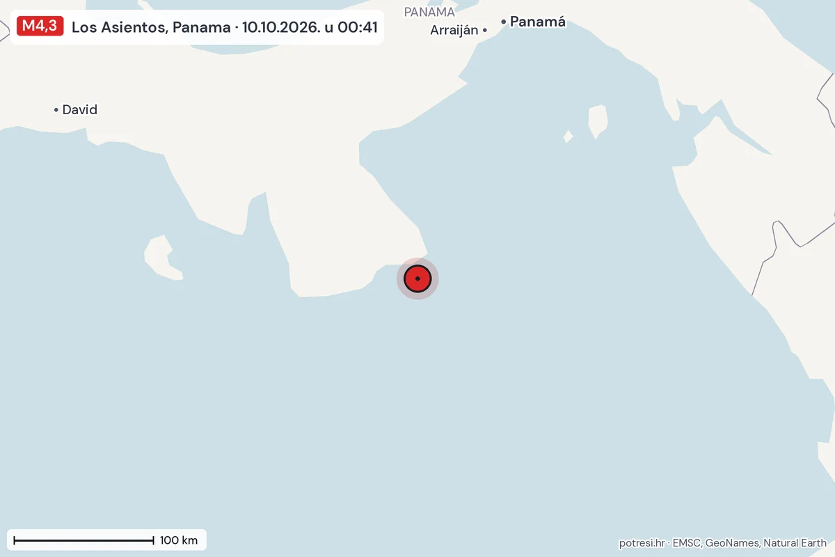 Karta: šire područje, 600 km, potres M4,3, Los Asientos, Panama, 10.10.2026.