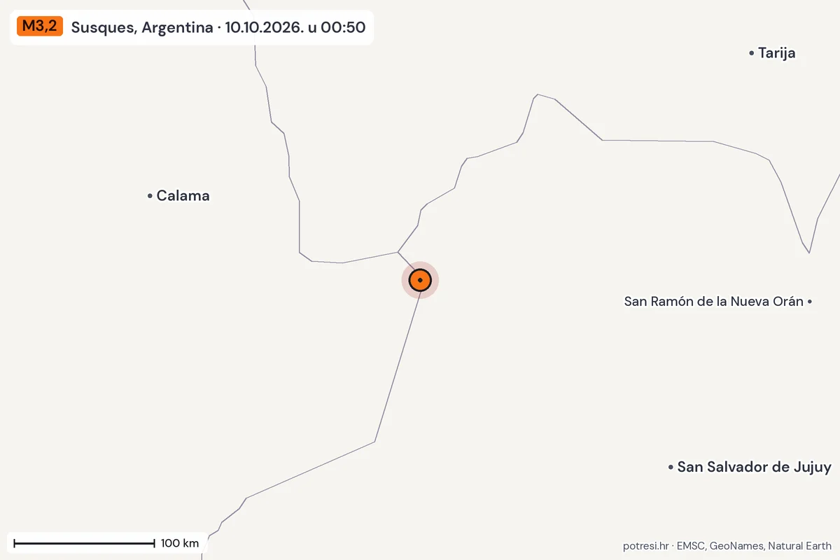 Karta: šire područje, 600 km, potres M3,2, Susques, Argentina, 10.10.2026.