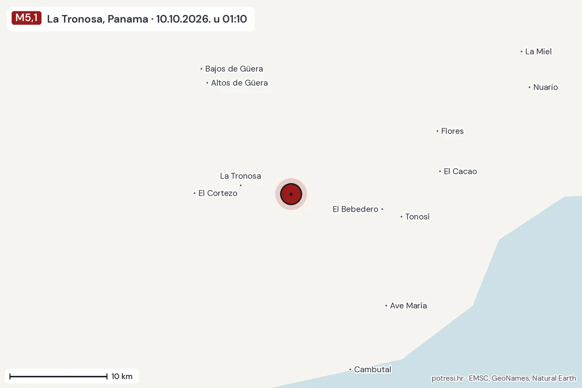 Karta: okolica epicentra, 60 km, potres M5,1, La Tronosa, Panama, 10.10.2026.