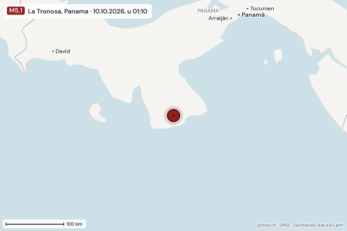 Karta: šire područje, 600 km, potres M5,1, La Tronosa, Panama, 10.10.2026.