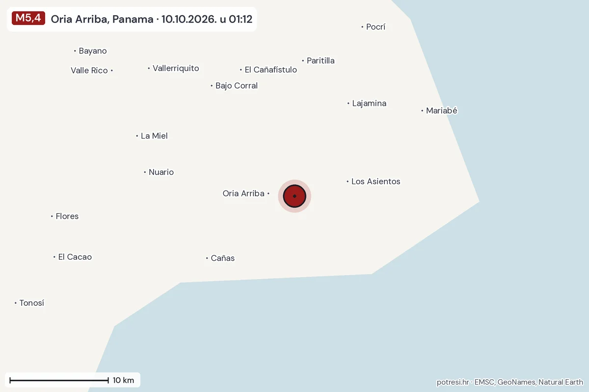Karta: okolica epicentra, 60 km, potres M5,4, Oria Arriba, Panama, 10.10.2026.