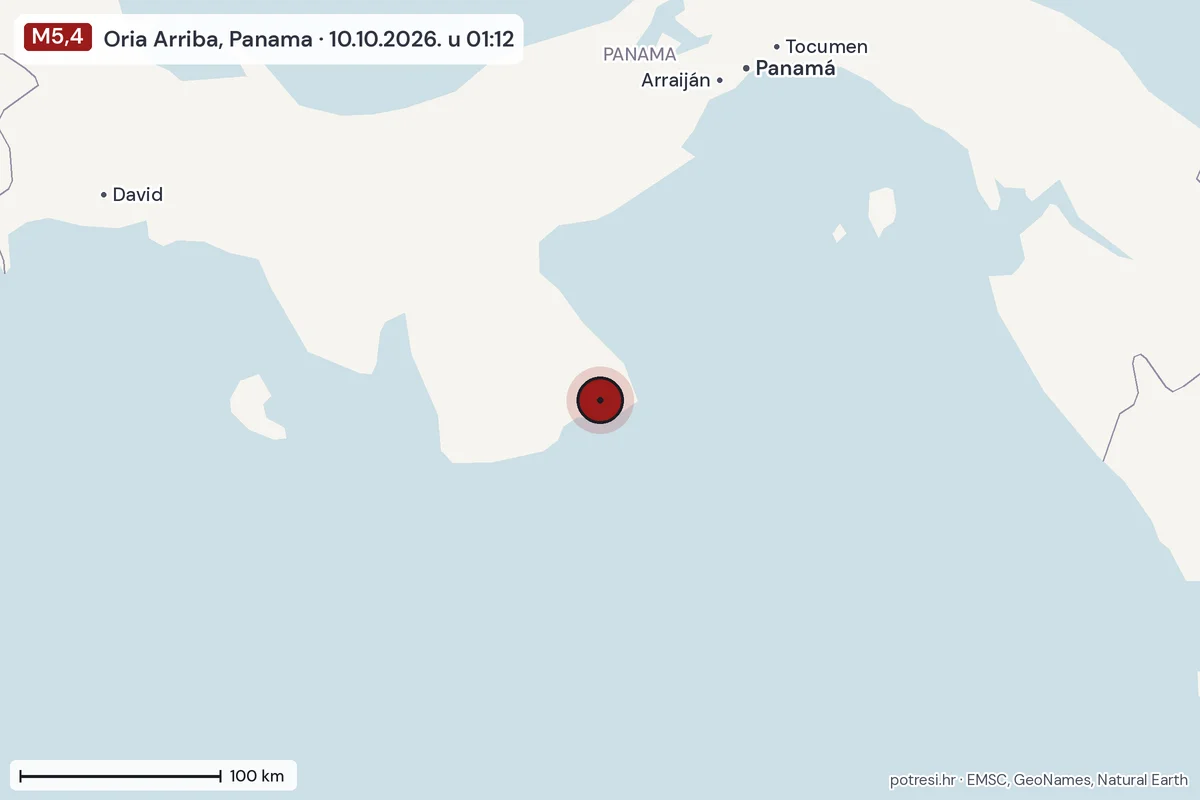 Karta: šire područje, 600 km, potres M5,4, Oria Arriba, Panama, 10.10.2026.
