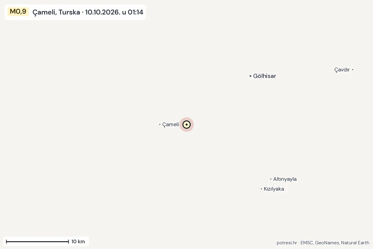 Karta: okolica epicentra, 60 km, potres M0,9, Çameli, Turska, 10.10.2026.