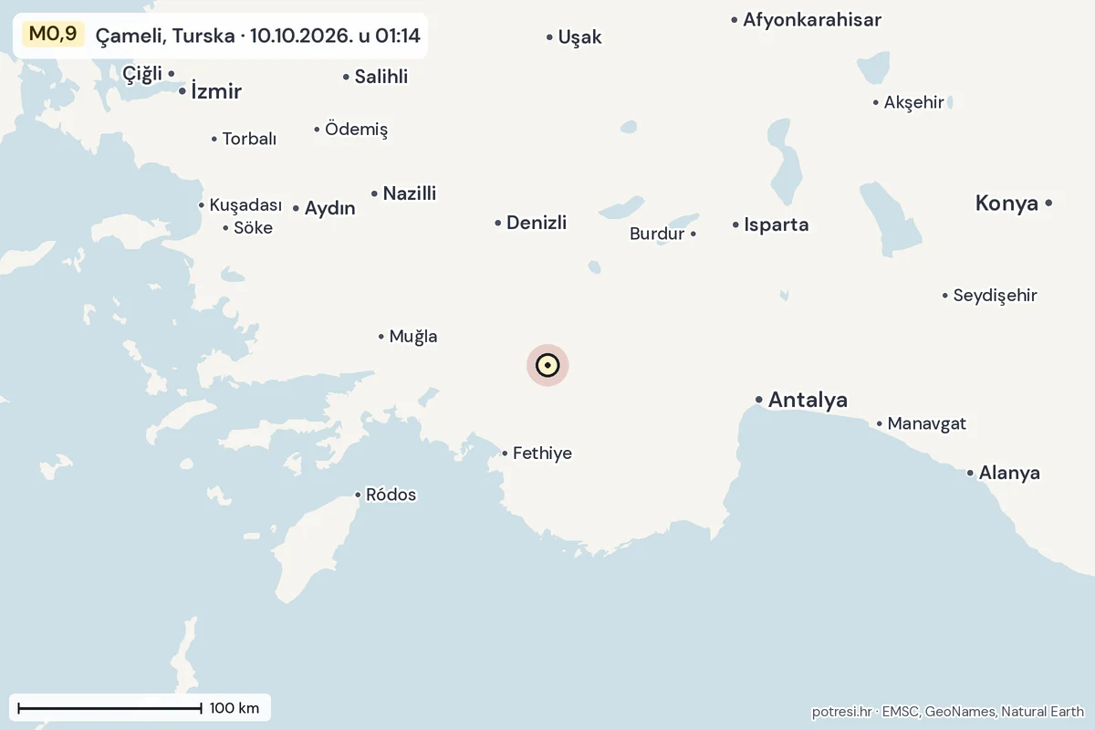Karta: šire područje, 600 km, potres M0,9, Çameli, Turska, 10.10.2026.