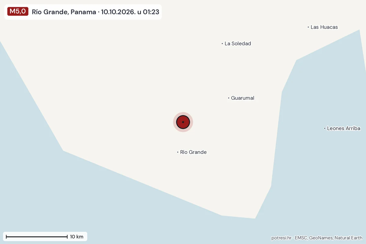 Karta: okolica epicentra, 60 km, potres M5,0, Río Grande, Panama, 10.10.2026.