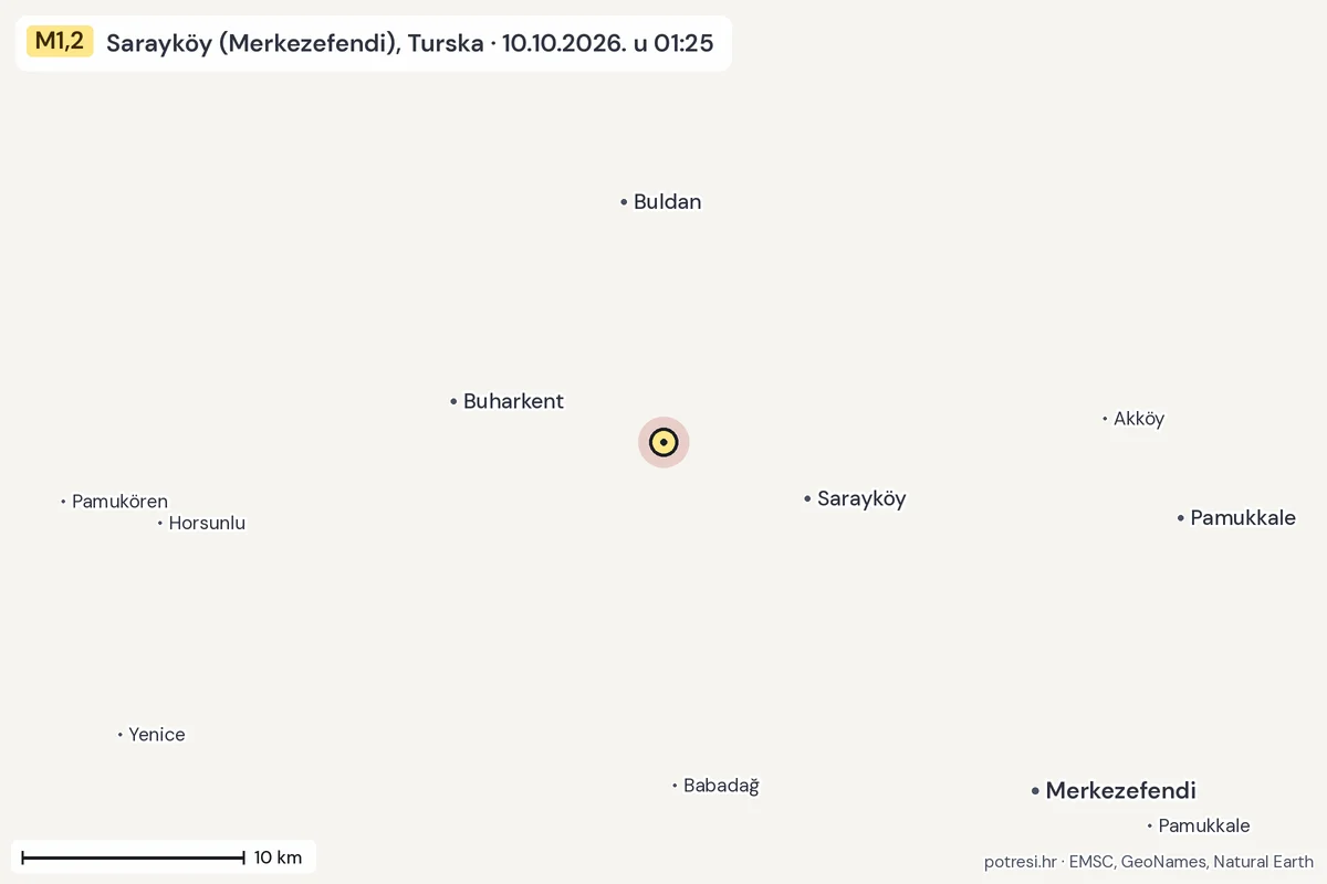 Karta: okolica epicentra, 60 km, potres M1,2, Sarayköy (Merkezefendi), Turska, 10.10.2026.