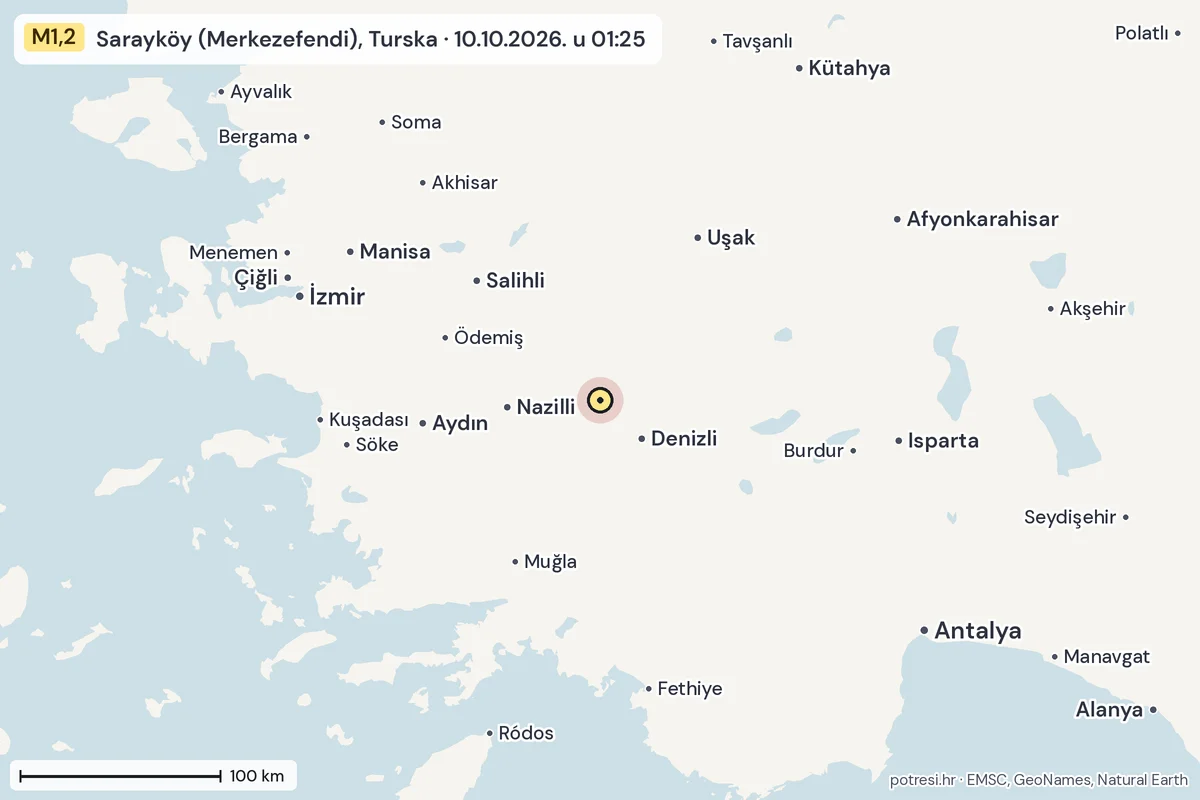 Karta: šire područje, 600 km, potres M1,2, Sarayköy (Merkezefendi), Turska, 10.10.2026.