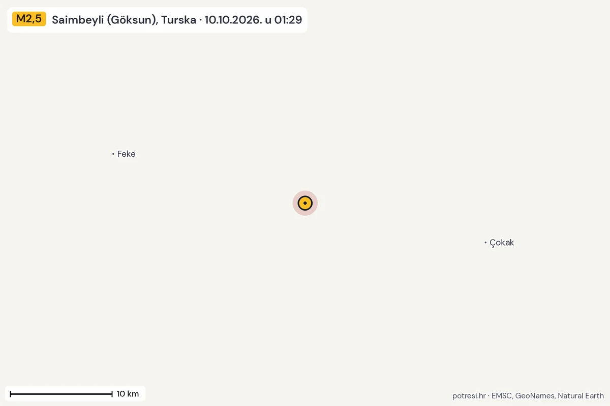 Karta: okolica epicentra, 60 km, potres M2,5, Saimbeyli (Göksun), Turska, 10.10.2026.