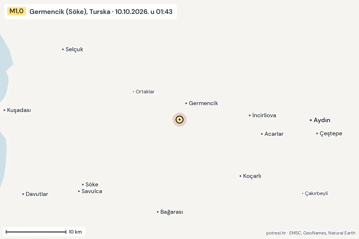 Karta: okolica epicentra, 60 km, potres M1,0, Germencik (Söke), Turska, 10.10.2026.
