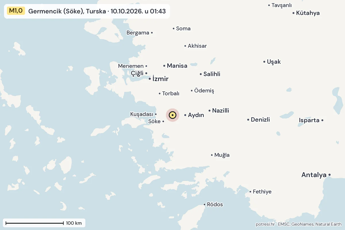 Karta: šire područje, 600 km, potres M1,0, Germencik (Söke), Turska, 10.10.2026.