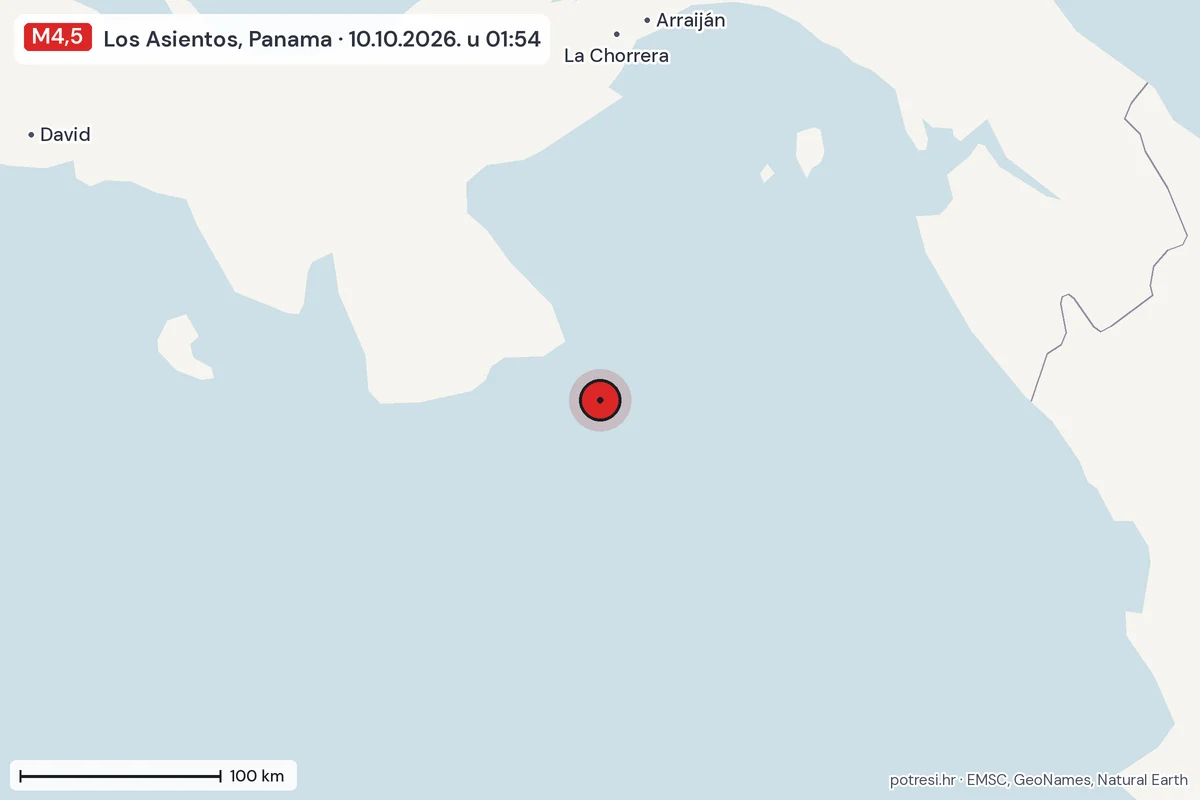 Karta: šire područje, 600 km, potres M4,5, Los Asientos, Panama, 10.10.2026.
