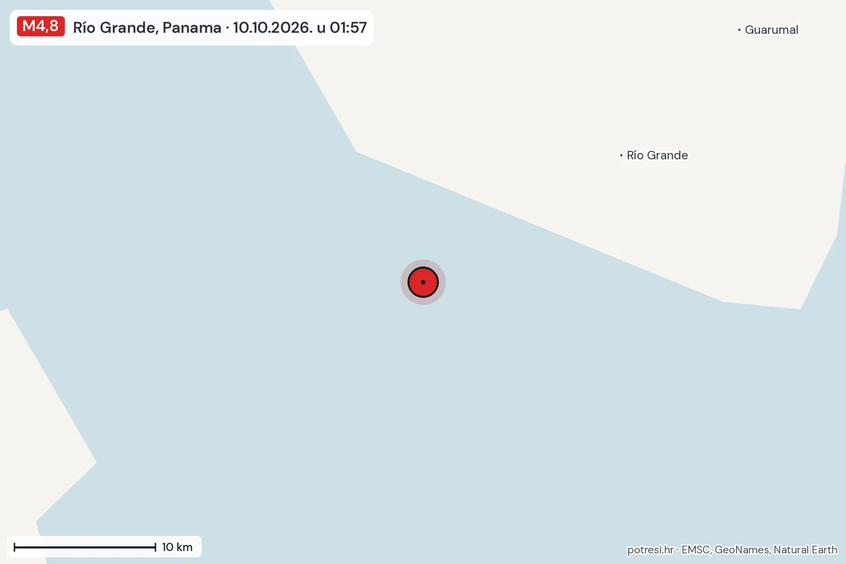 Karta: okolica epicentra, 60 km, potres M4,8, Río Grande, Panama, 10.10.2026.